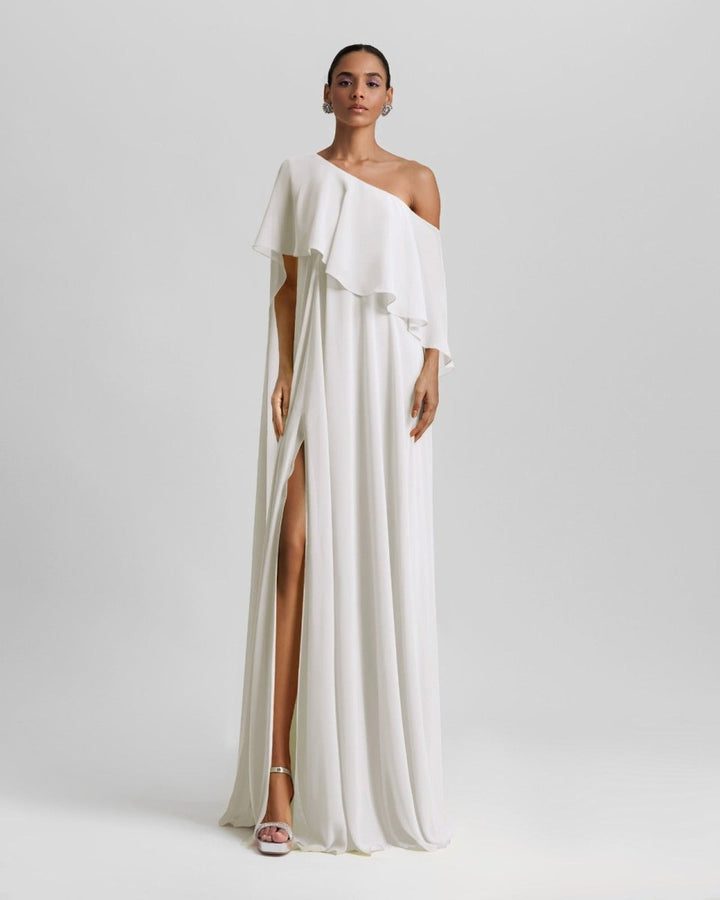 One - Shoulder White Dress with Ruffles - Gemy Maalouf