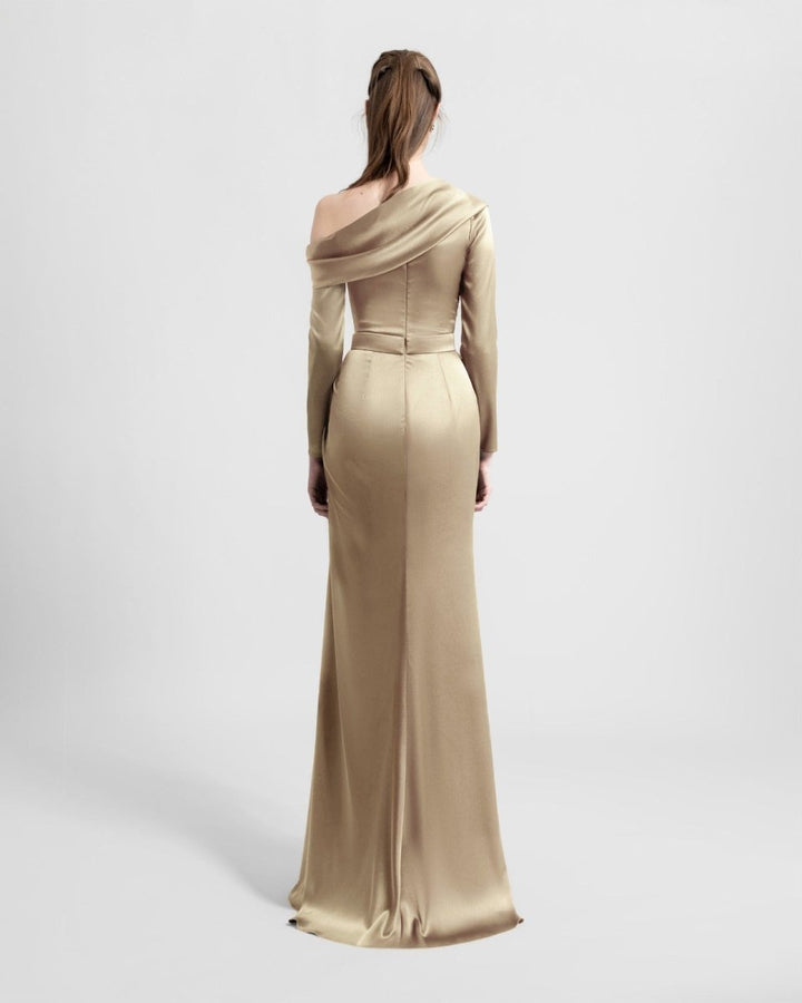 Gold Asymmetrical Draped Neckline Dress - Gemy Maalouf