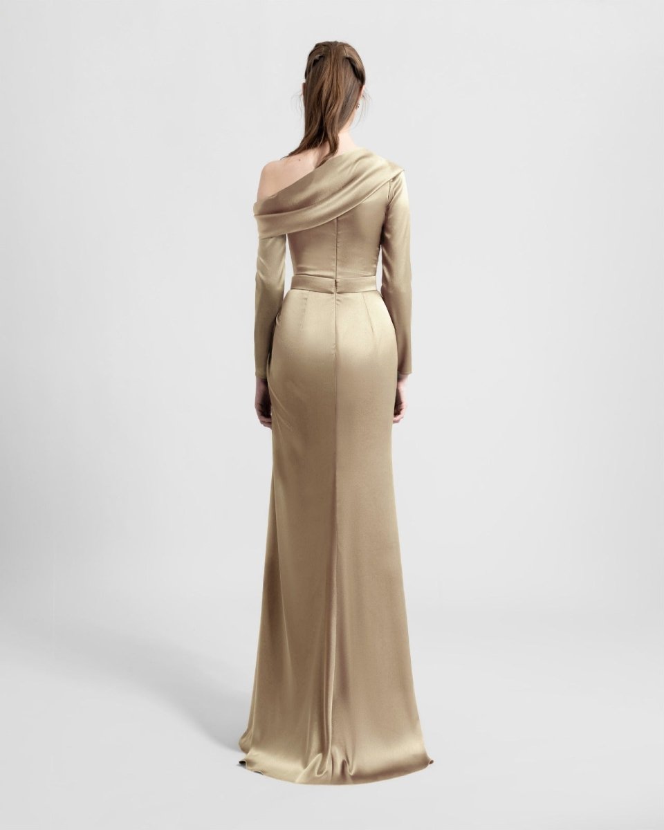 Gold Asymmetrical Draped Neckline Dress - Gemy Maalouf