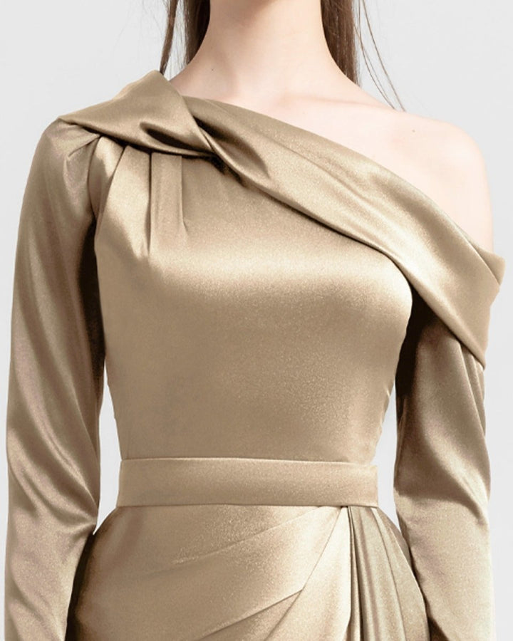Gold Asymmetrical Draped Neckline Dress - Gemy Maalouf