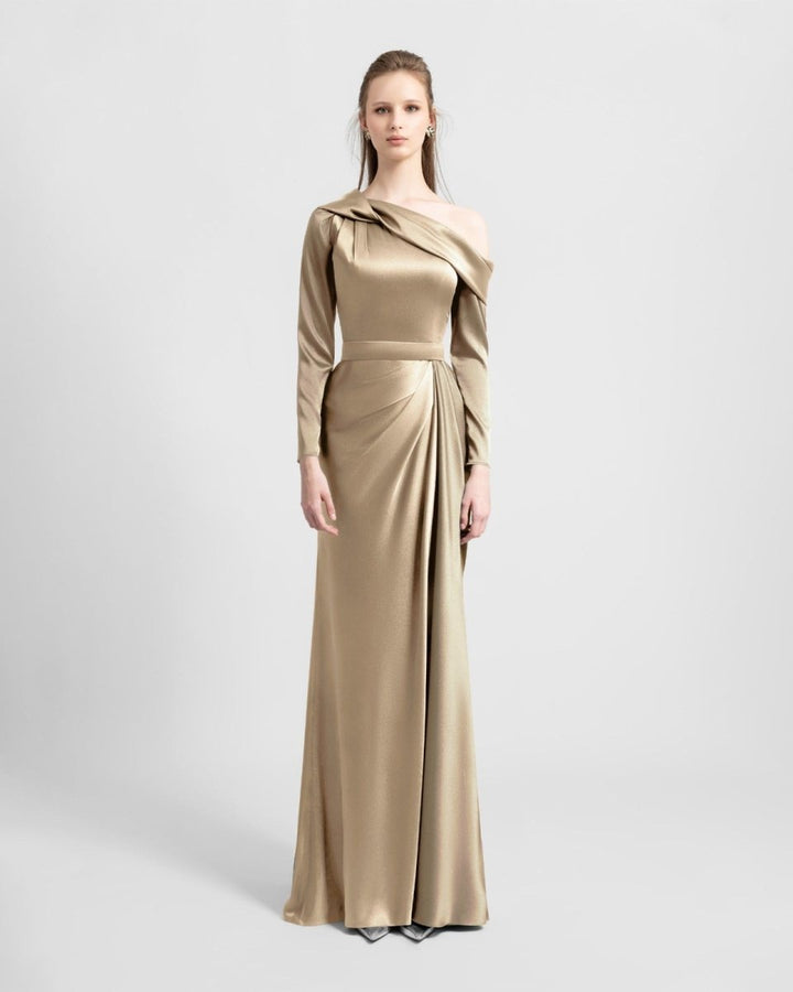 Gold Asymmetrical Draped Neckline Dress - Gemy Maalouf