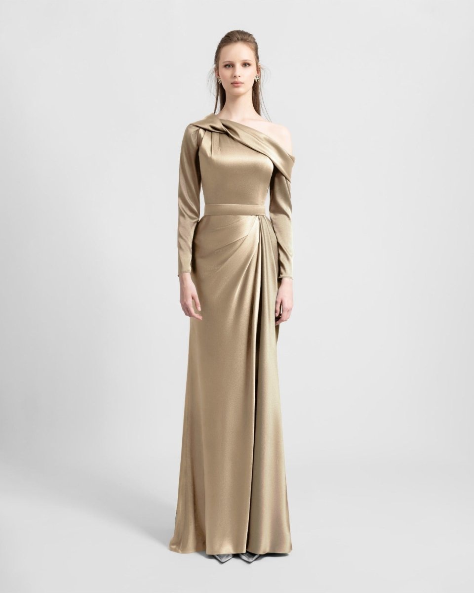 Gold Asymmetrical Draped Neckline Dress - Gemy Maalouf