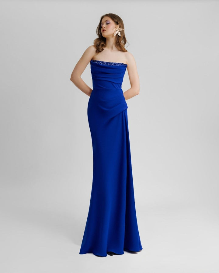 Beaded Royal Blue Strapless Dress - Gemy Maalouf