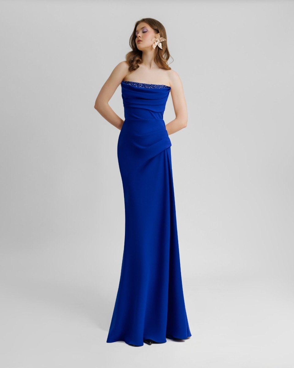 Beaded Royal Blue Strapless Dress - Gemy Maalouf