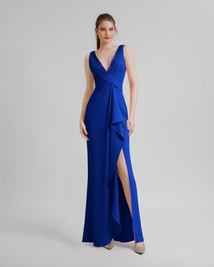 V - Neckline Royal Blue Beaded Dress - Gemy Maalouf