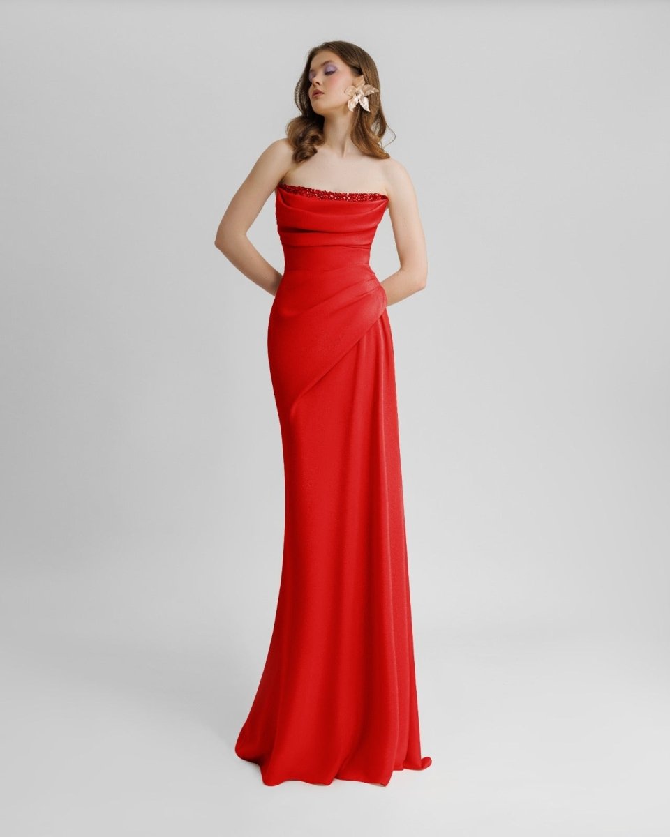 Beaded Red Strapless Dress - Gemy Maalouf