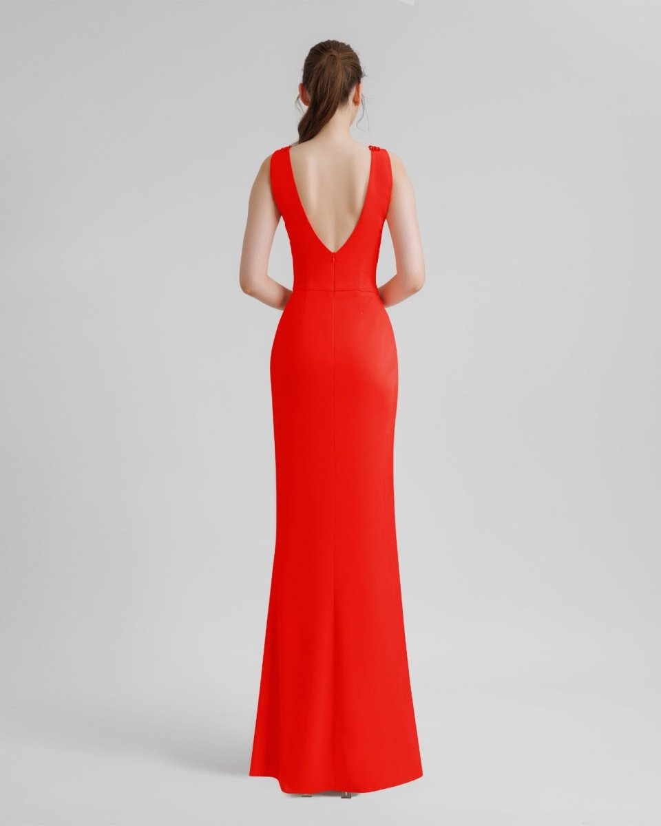 V - Neckline Coral Beaded Dress - Gemy Maalouf