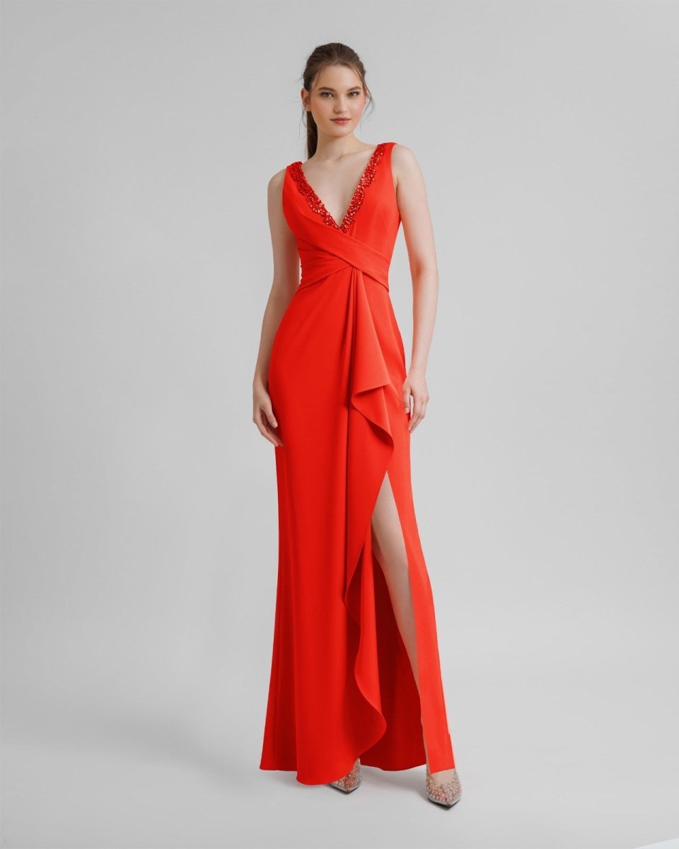 V - Neckline Coral Beaded Dress - Gemy Maalouf