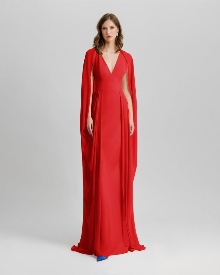 V - Neckline Red Long Dress - Gemy Maalouf