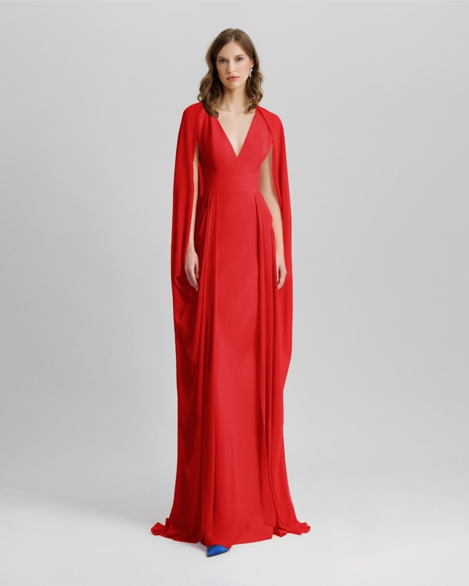 V - Neckline Red Long Dress - Gemy Maalouf