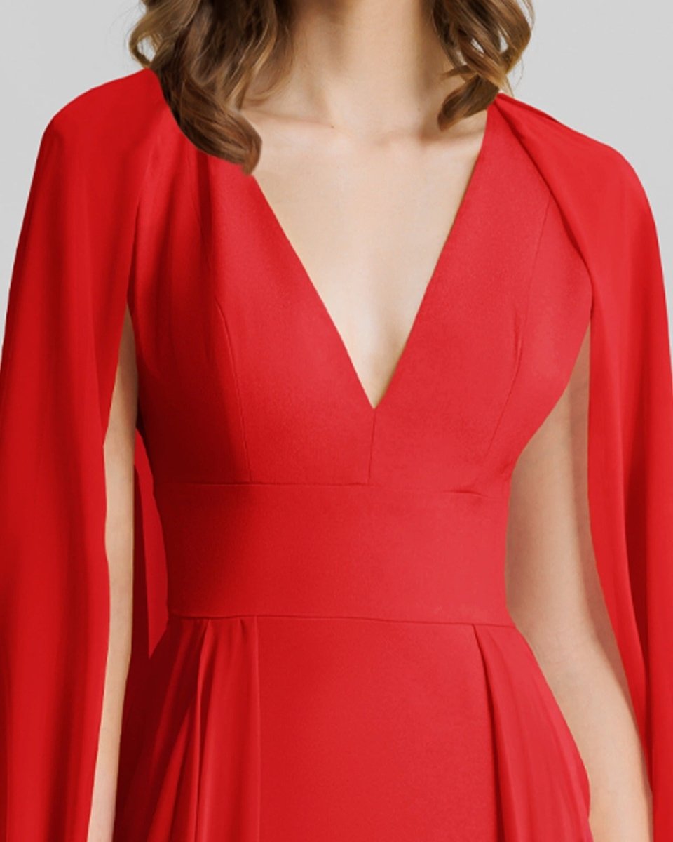V - Neckline Red Long Dress - Gemy Maalouf