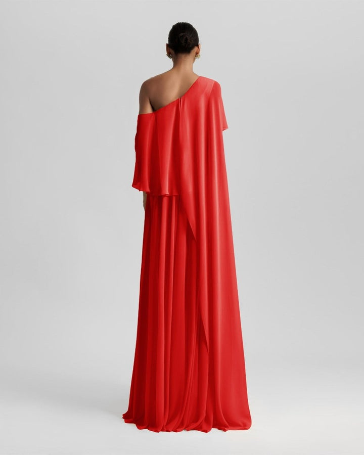 One - Shoulder Red Dress Featuring Ruffles - Gemy Maalouf