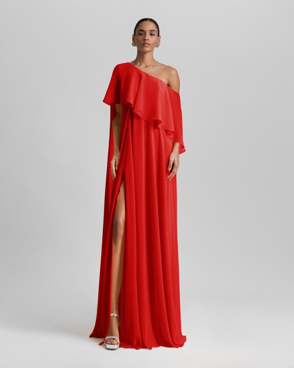 One - Shoulder Red Dress Featuring Ruffles - Gemy Maalouf