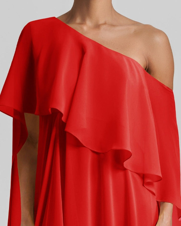 One - Shoulder Red Dress Featuring Ruffles - Gemy Maalouf