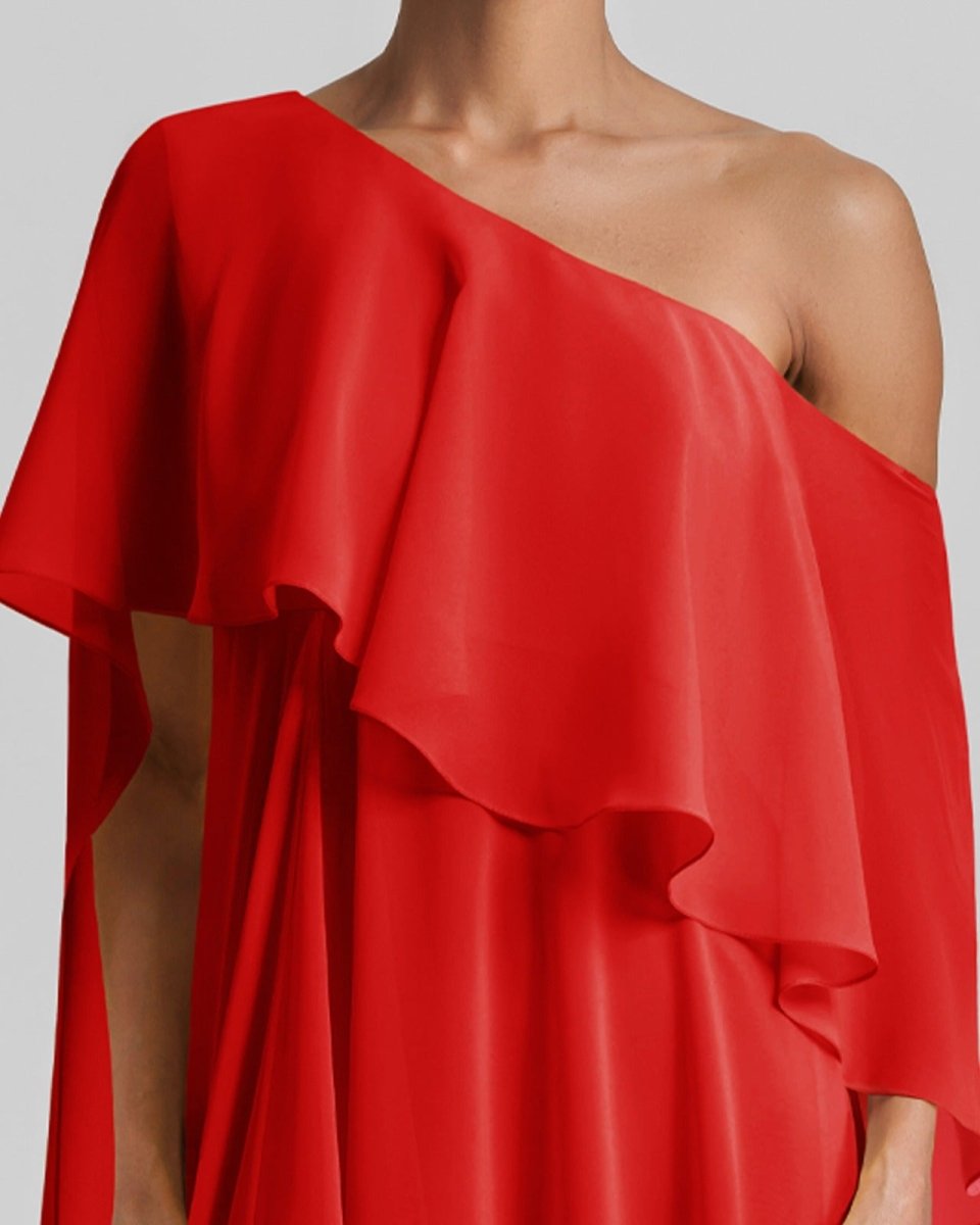One - Shoulder Red Dress Featuring Ruffles - Gemy Maalouf
