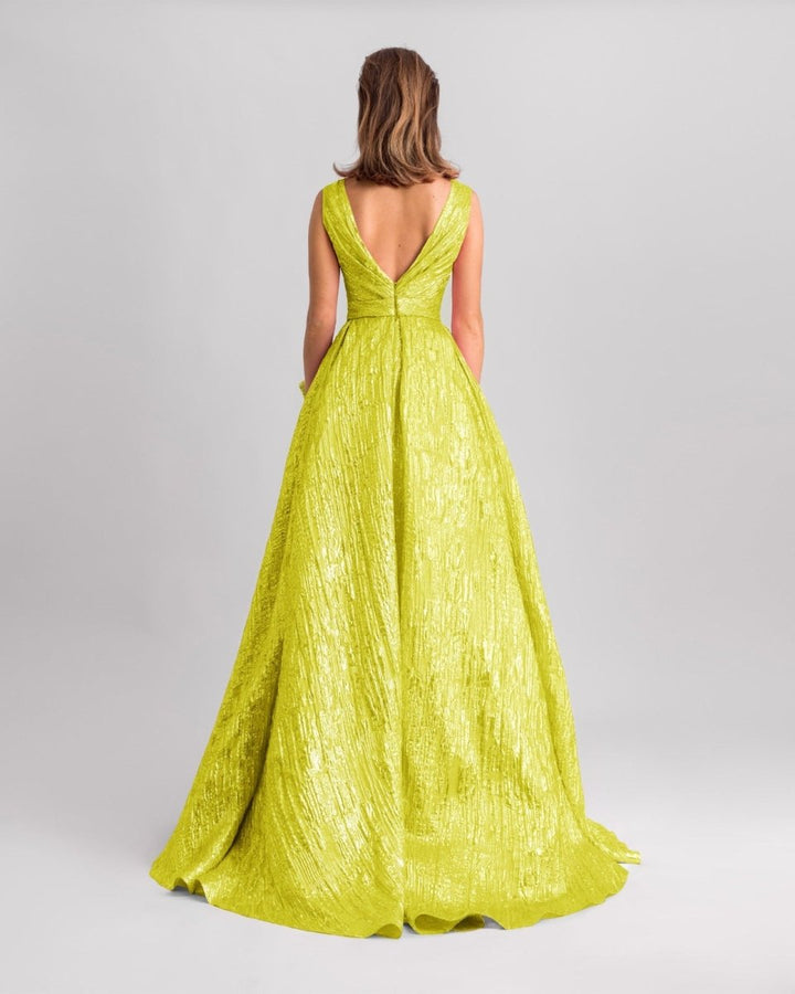 Lime Long Dress With Draped Flowers - Gemy Maalouf