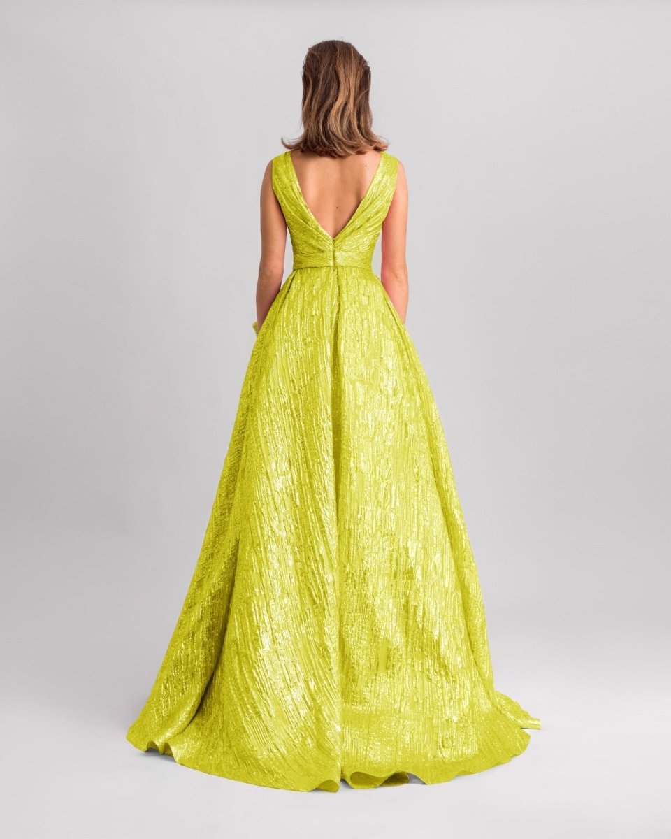 Lime Long Dress With Draped Flowers - Gemy Maalouf