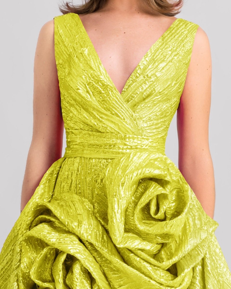 Lime Long Dress With Draped Flowers - Gemy Maalouf
