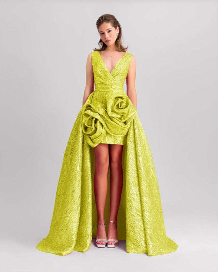 Lime Long Dress With Draped Flowers - Gemy Maalouf