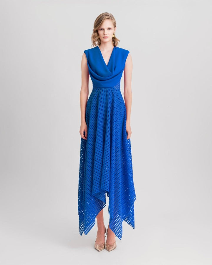 Crochet Lace Royal Blue Midi Dress - Gemy Maalouf