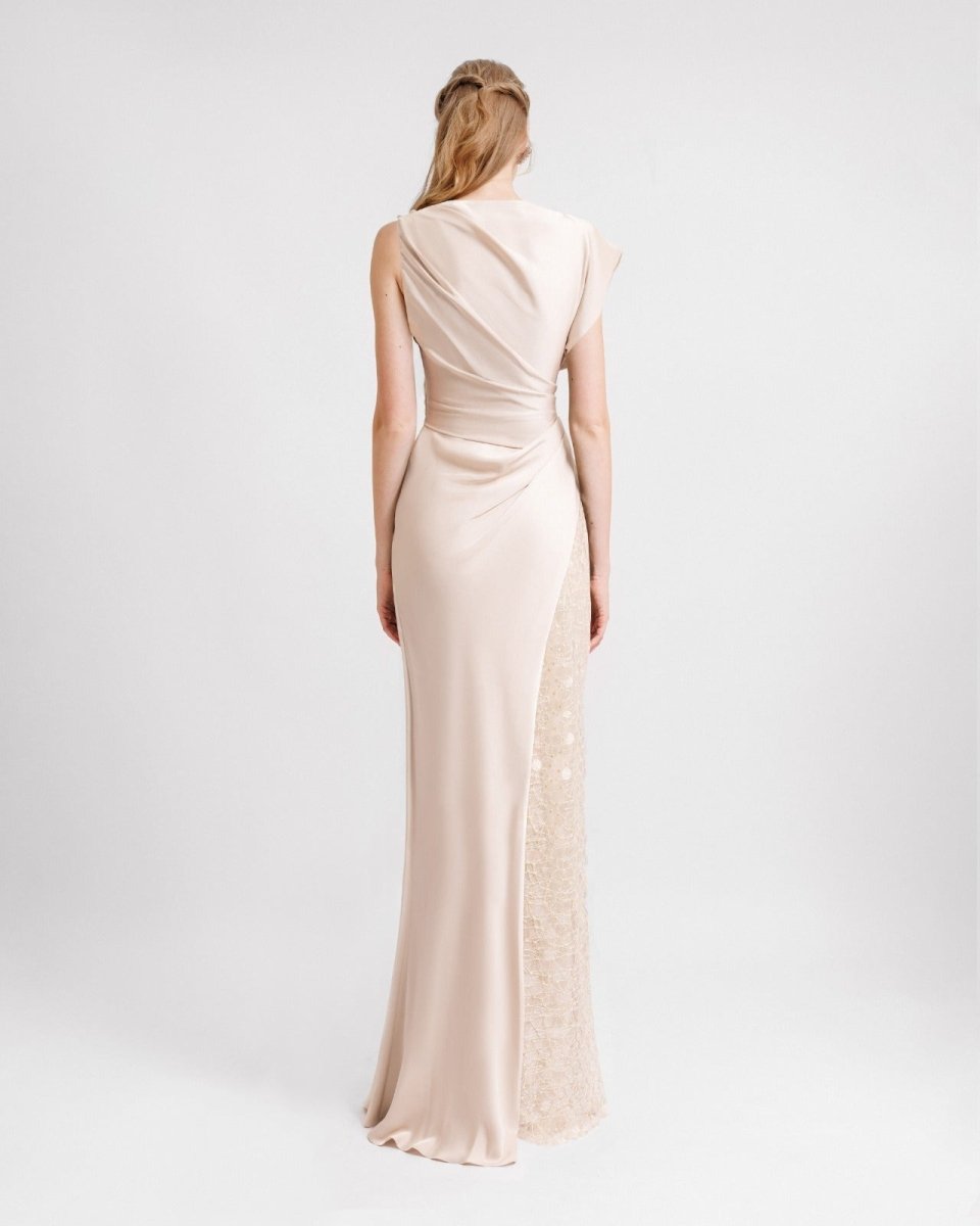 Asymmetrical Draped Champagne Satin dress - Gemy Maalouf