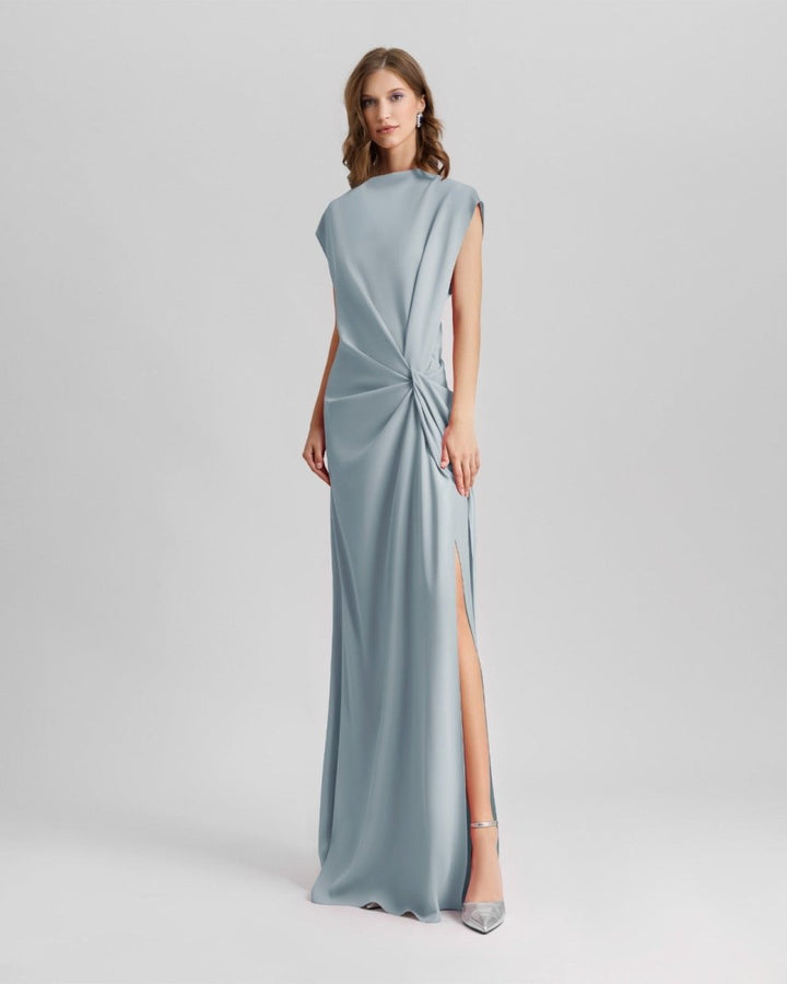 Loose Cut Teal Dress With Draping - Gemy Maalouf