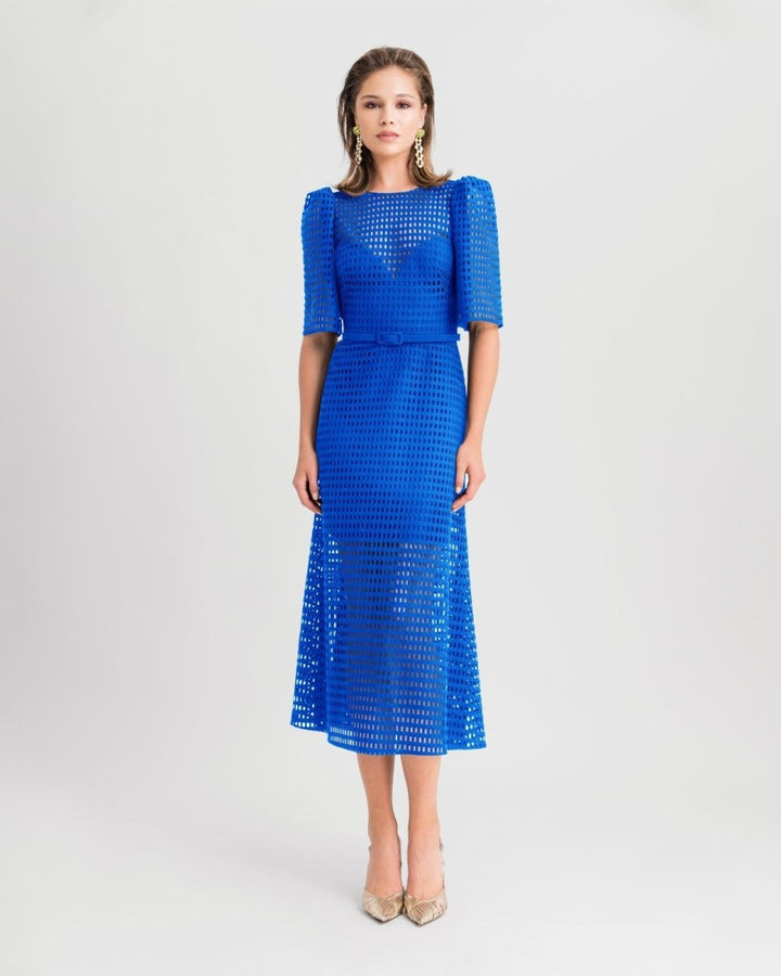 Puffed Shoulders Crochet Midi Royal Blue Dress - Gemy Maalouf