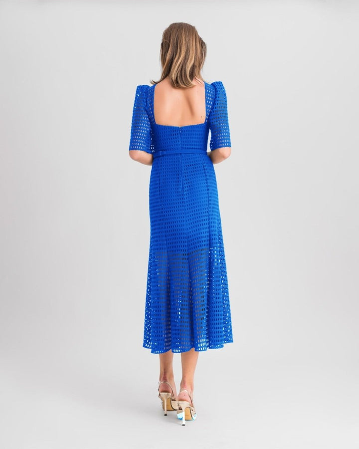 Puffed Shoulders Crochet Midi Royal Blue Dress - Gemy Maalouf