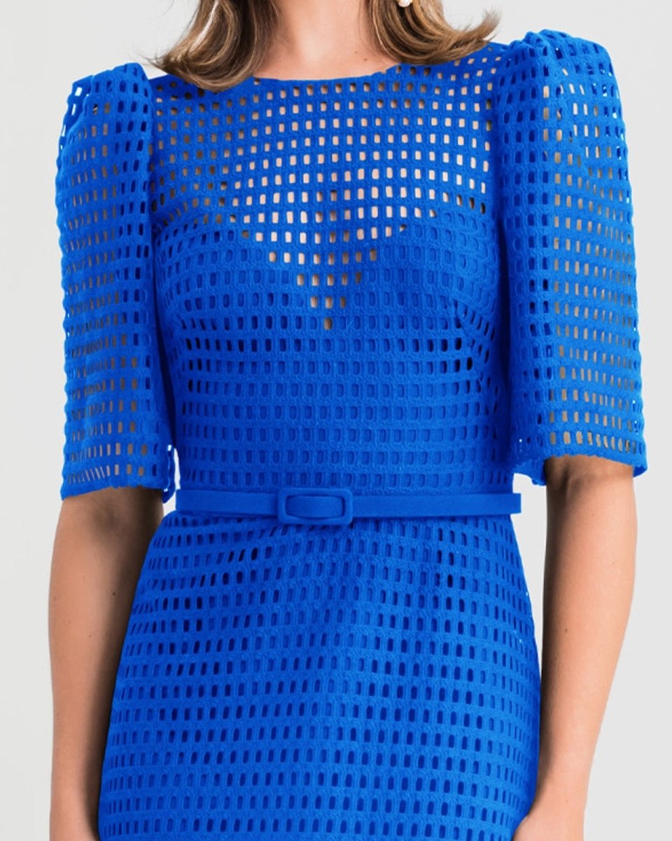 Puffed Shoulders Crochet Midi Royal Blue Dress - Gemy Maalouf