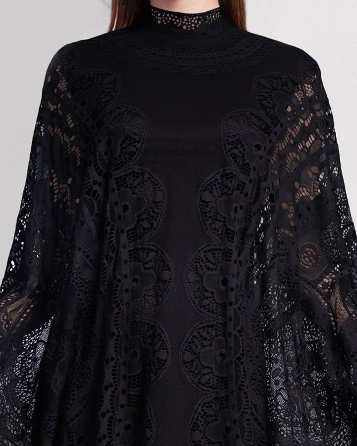 High - Neckline Black Lace Kaftan - Gemy Maalouf