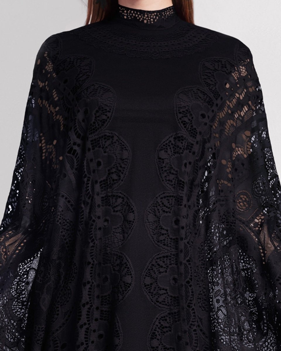 High - Neckline Black Lace Kaftan - Gemy Maalouf