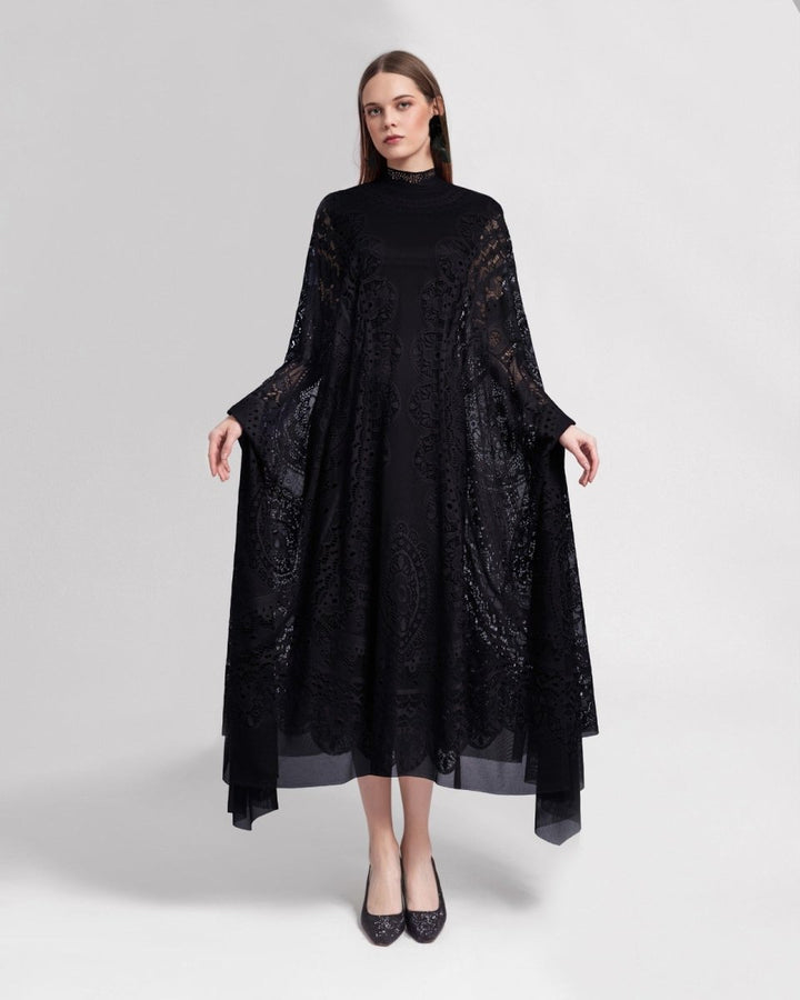 High - Neckline Black Lace Kaftan - Gemy Maalouf