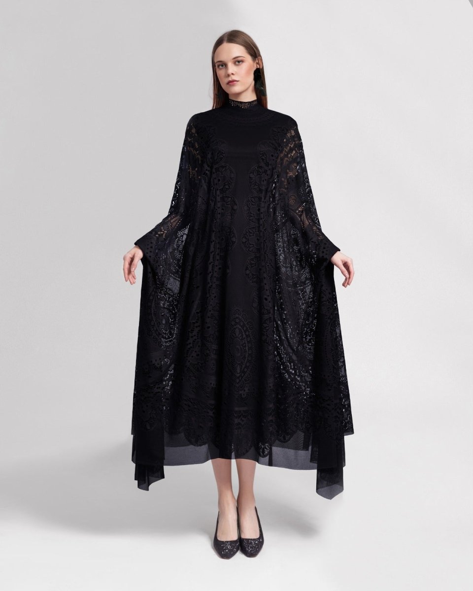 High - Neckline Black Lace Kaftan - Gemy Maalouf