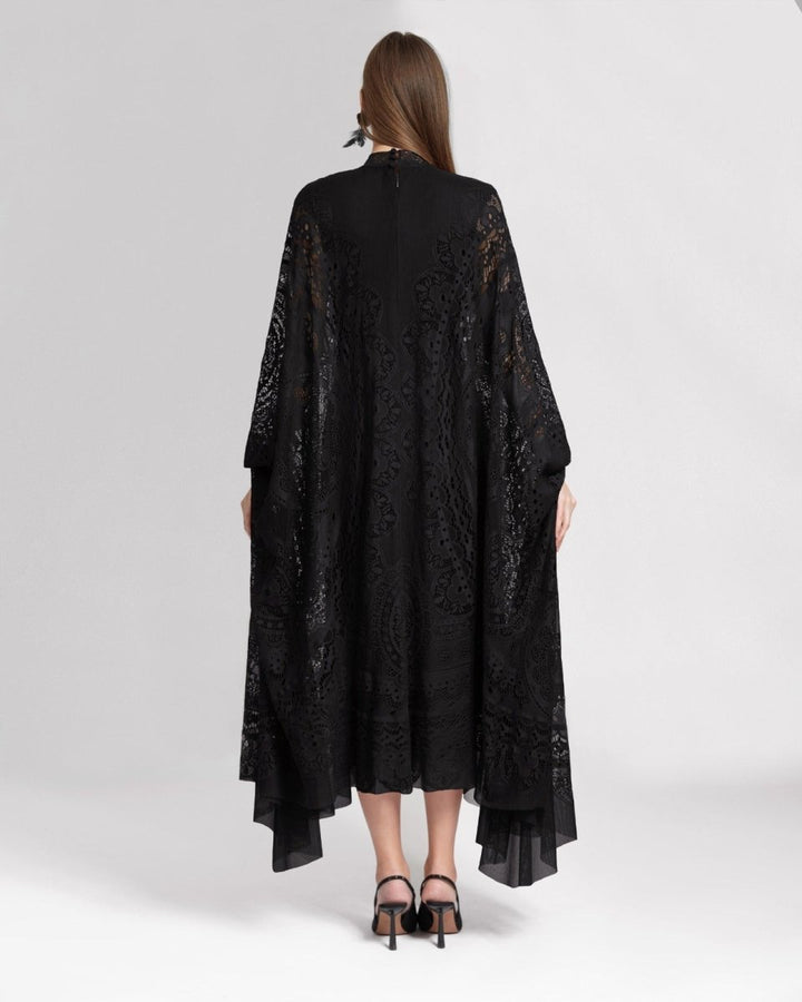 High - Neckline Black Lace Kaftan - Gemy Maalouf