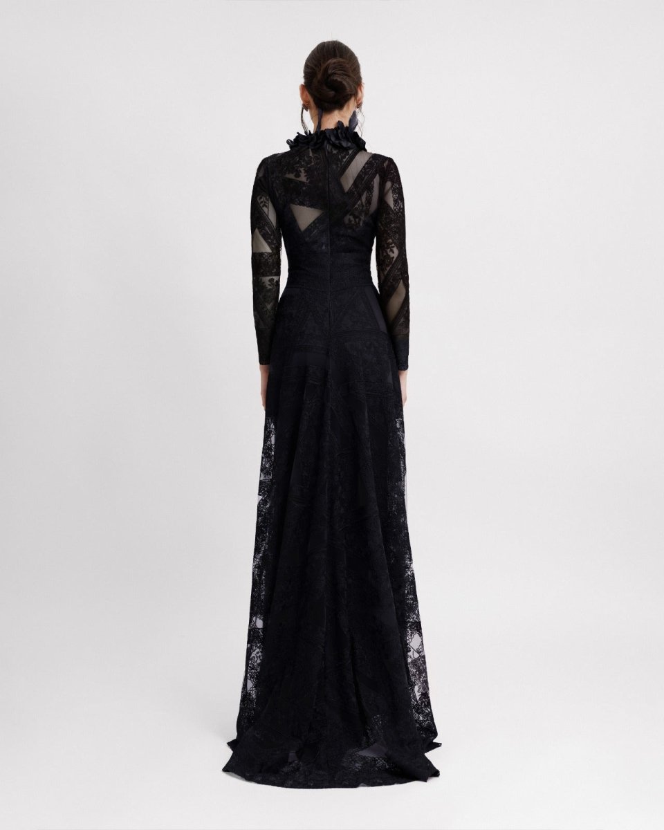 Patterned Lace Long Sleeves Black Dress - Gemy Maalouf