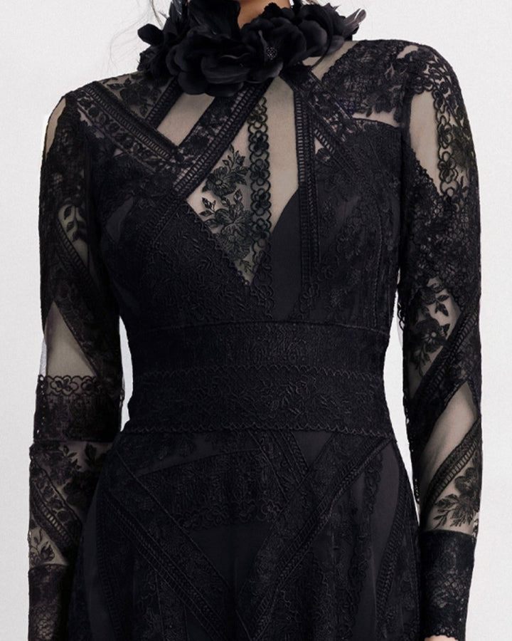 Patterned Lace Long Sleeves Black Dress - Gemy Maalouf