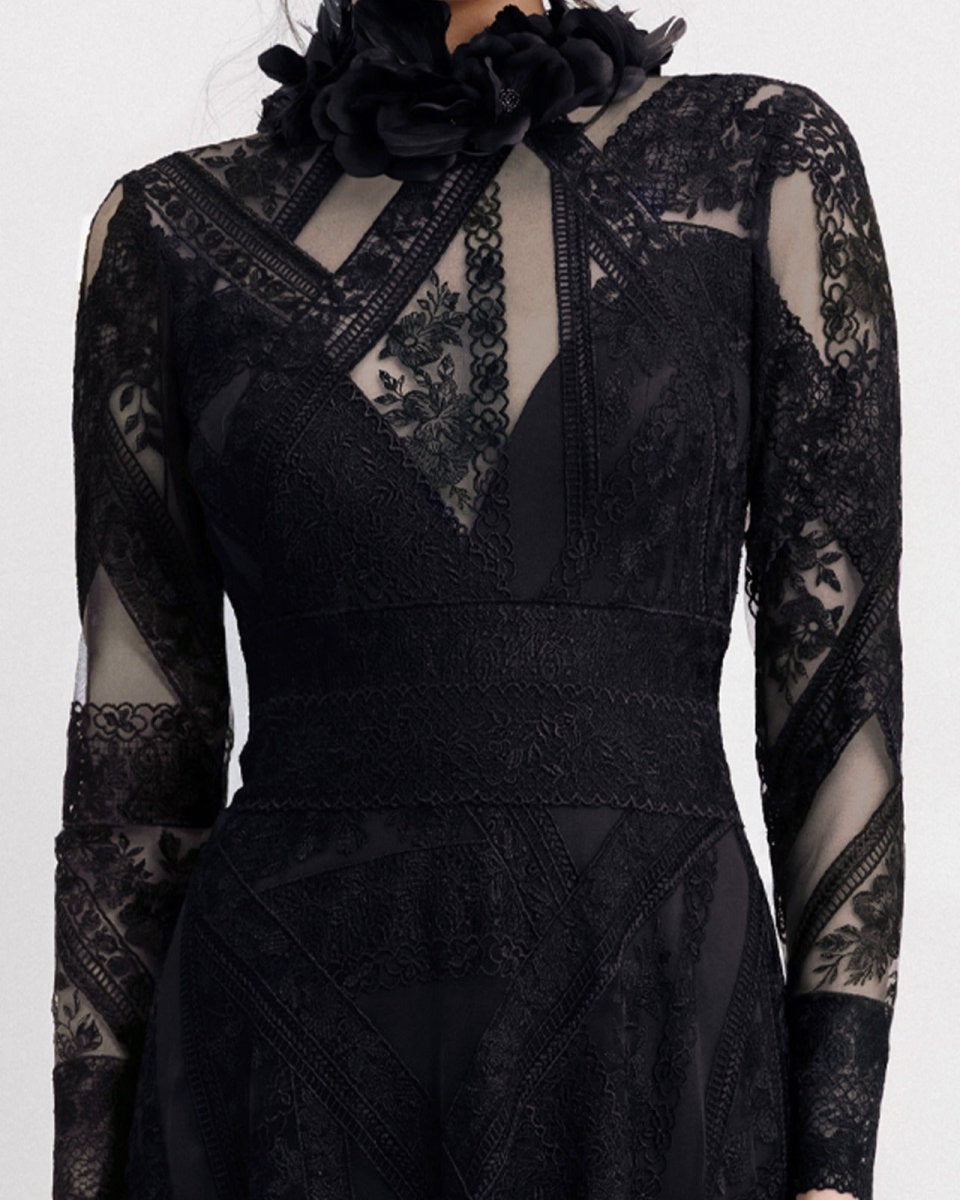 Patterned Lace Long Sleeves Black Dress - Gemy Maalouf