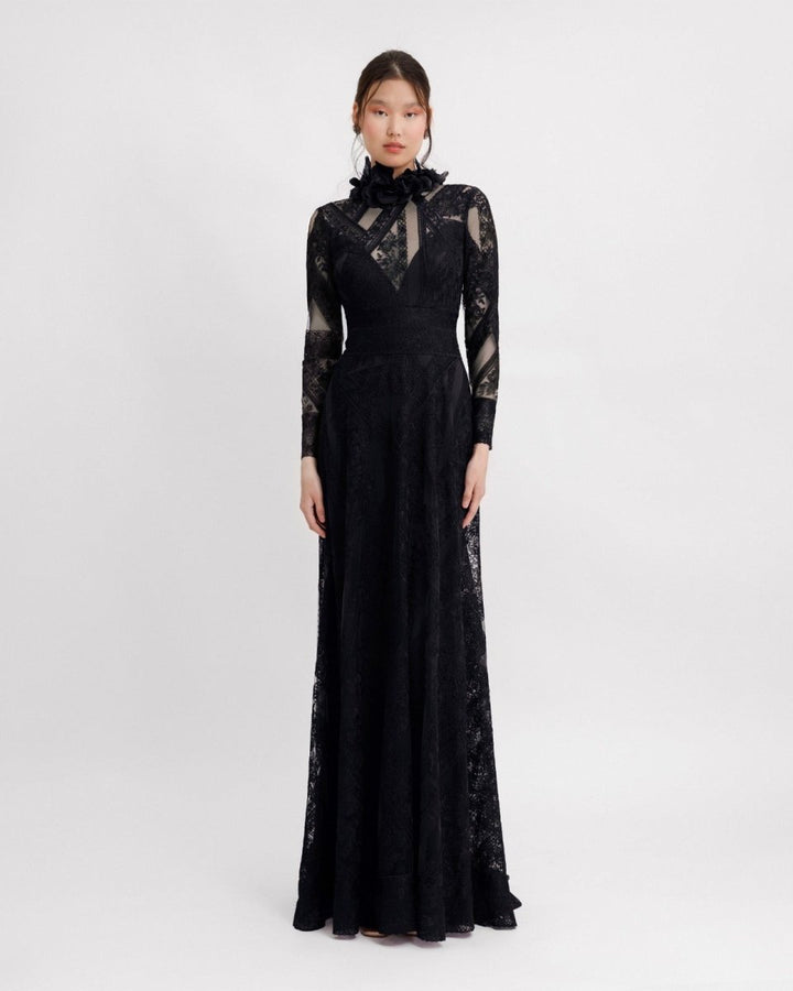 Patterned Lace Long Sleeves Black Dress - Gemy Maalouf