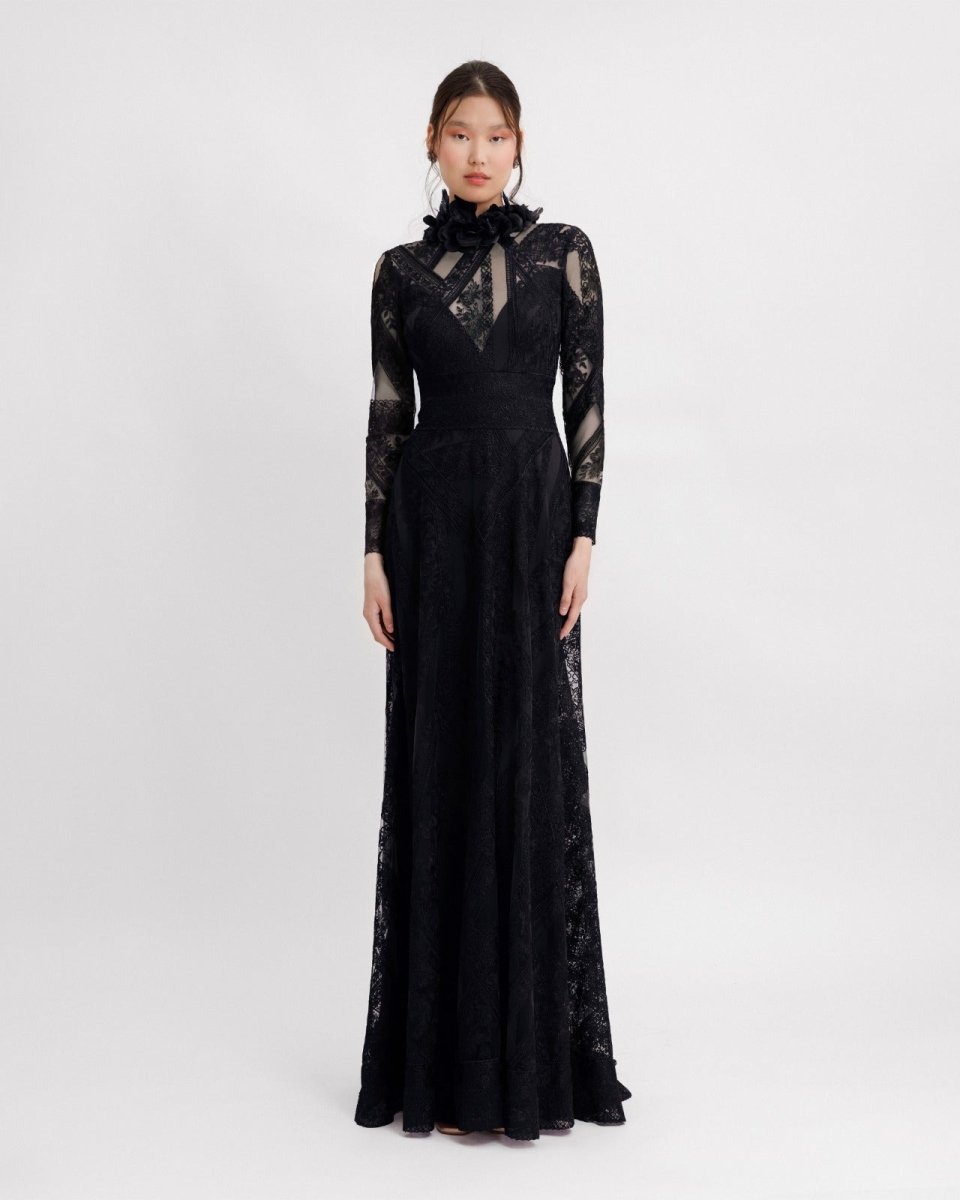 Patterned Lace Long Sleeves Black Dress - Gemy Maalouf