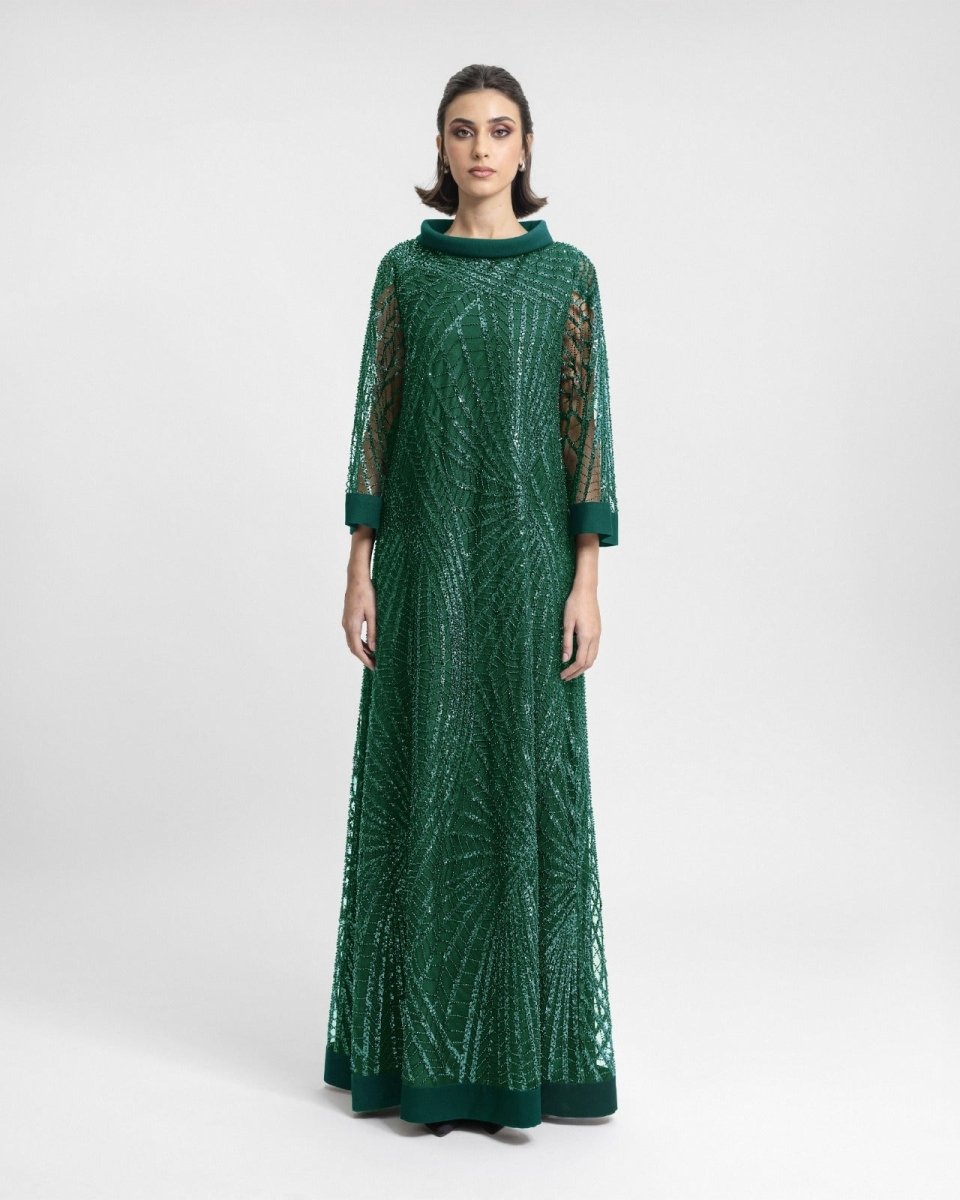 Long Beaded Green kaftan - Gemy Maalouf