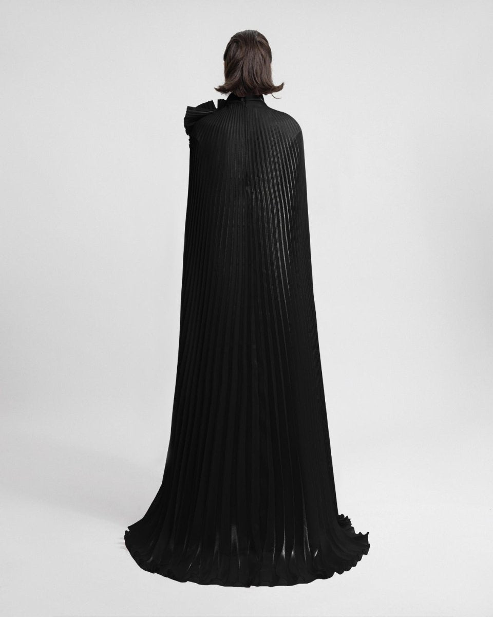 Black Kaftan with Draped Flower - Gemy Maalouf