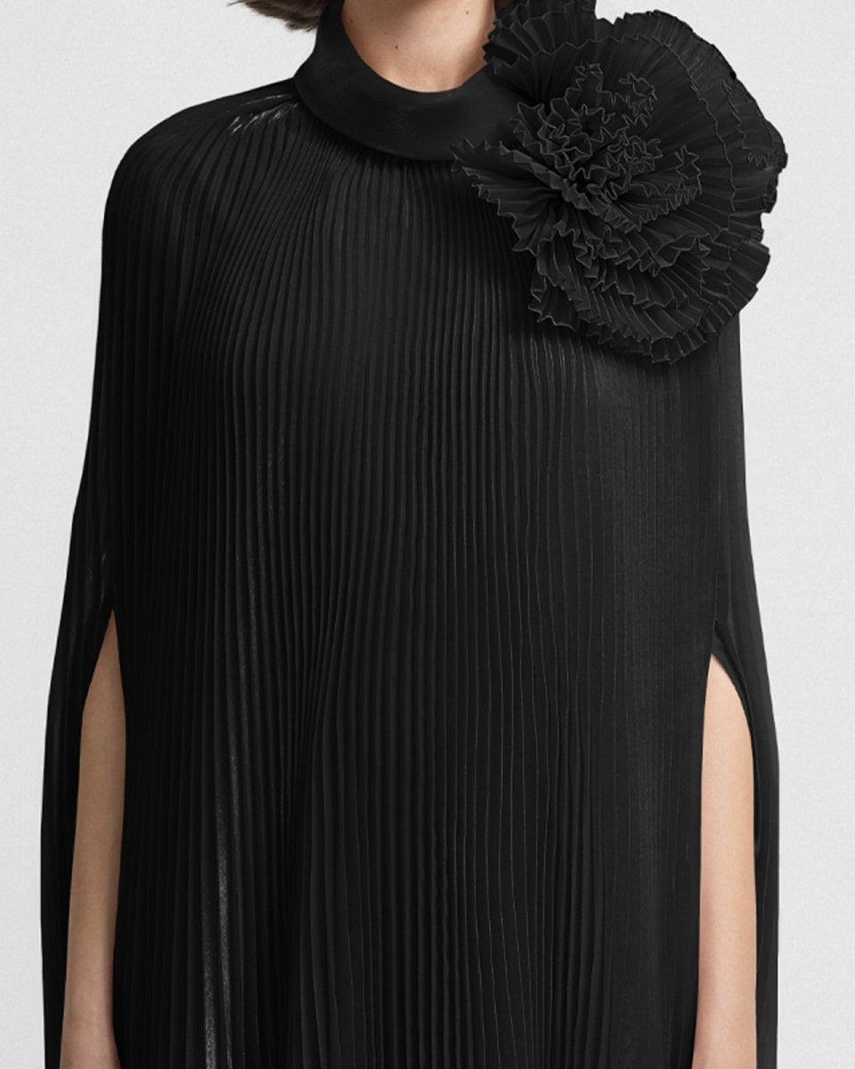 Black Kaftan with Draped Flower - Gemy Maalouf