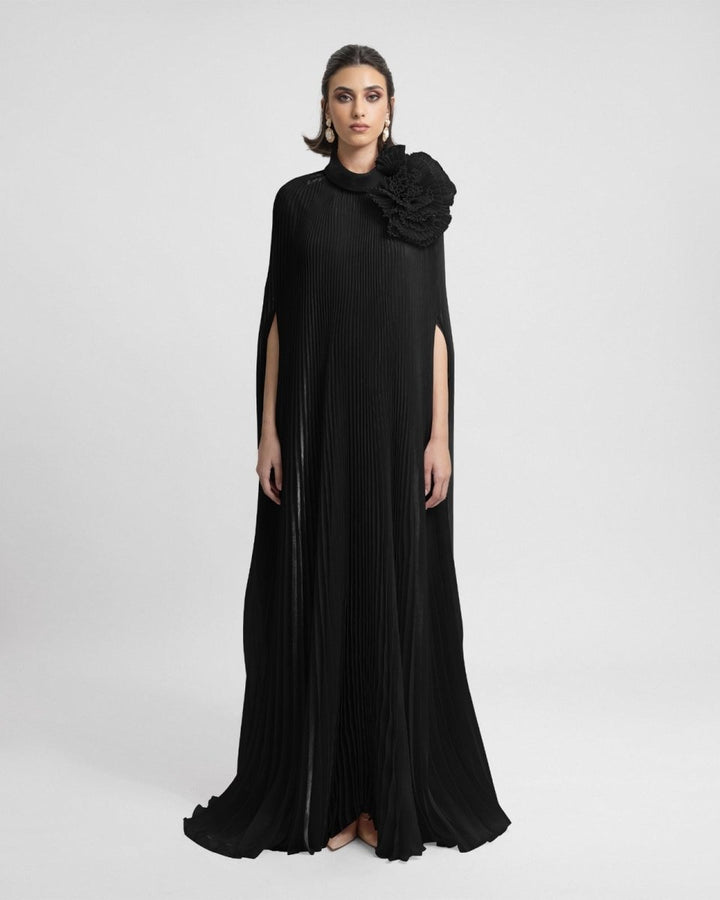 Black Kaftan with Draped Flower - Gemy Maalouf