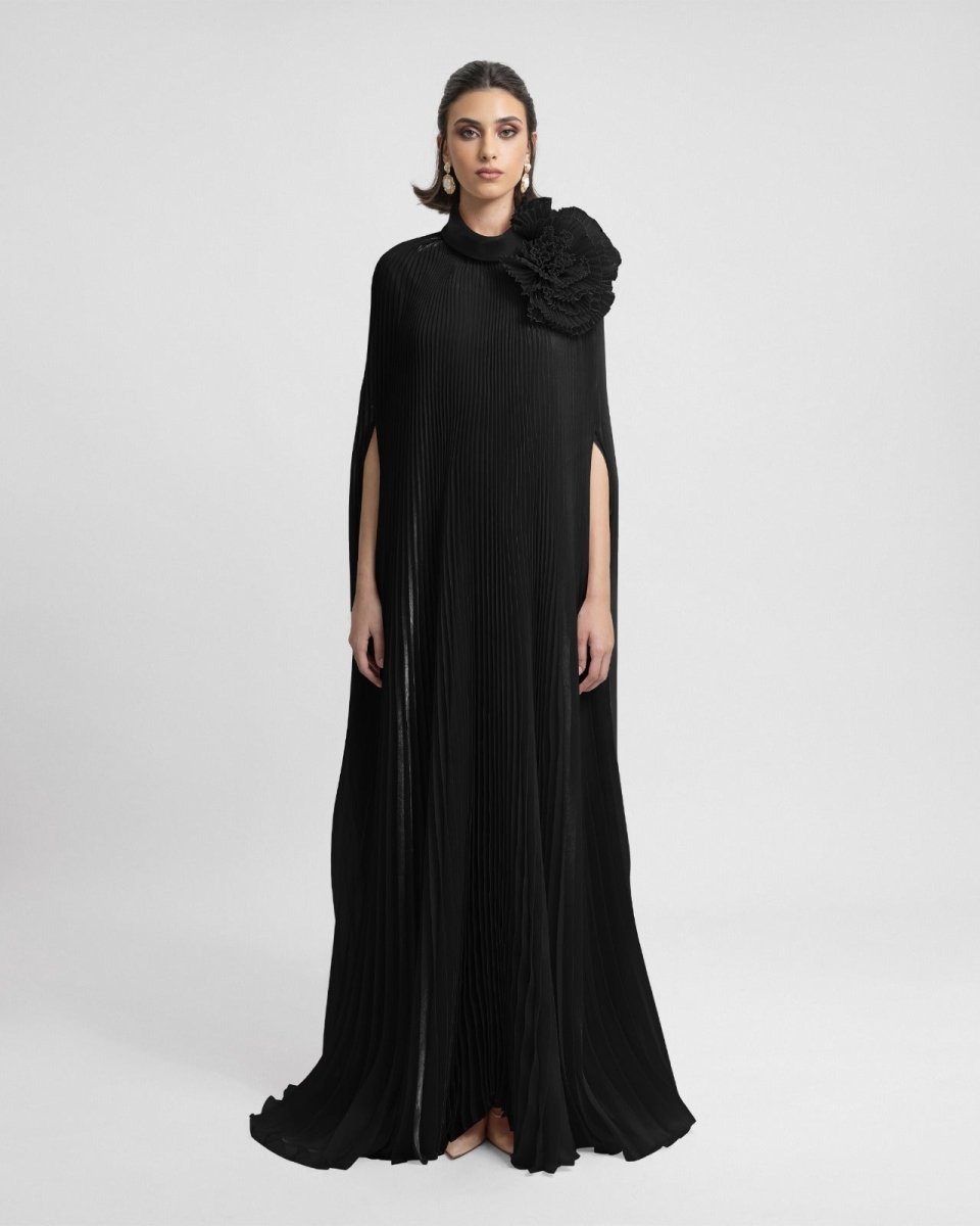 Black Kaftan with Draped Flower - Gemy Maalouf