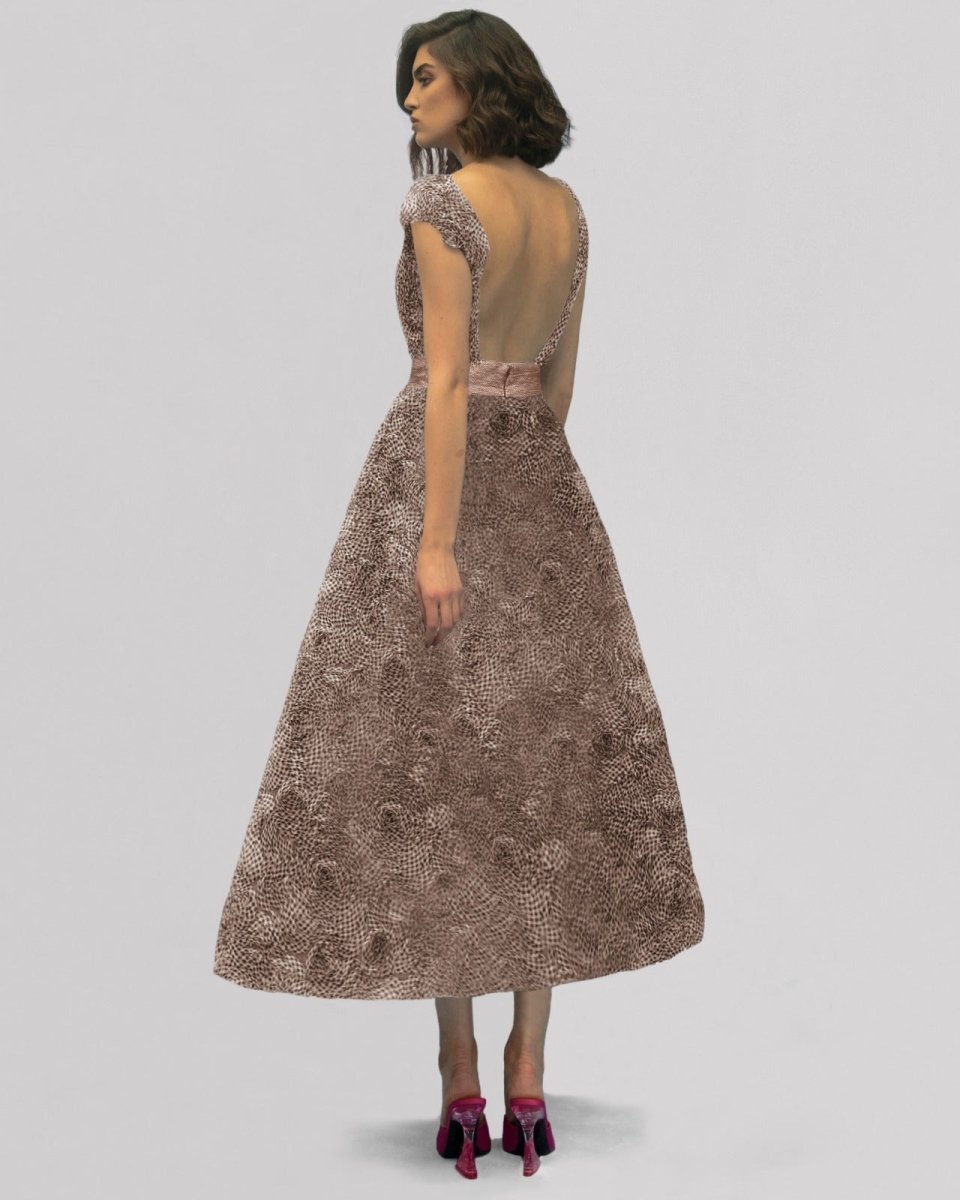 Puffy Shoulders Pink Midi Dress - Gemy Maalouf