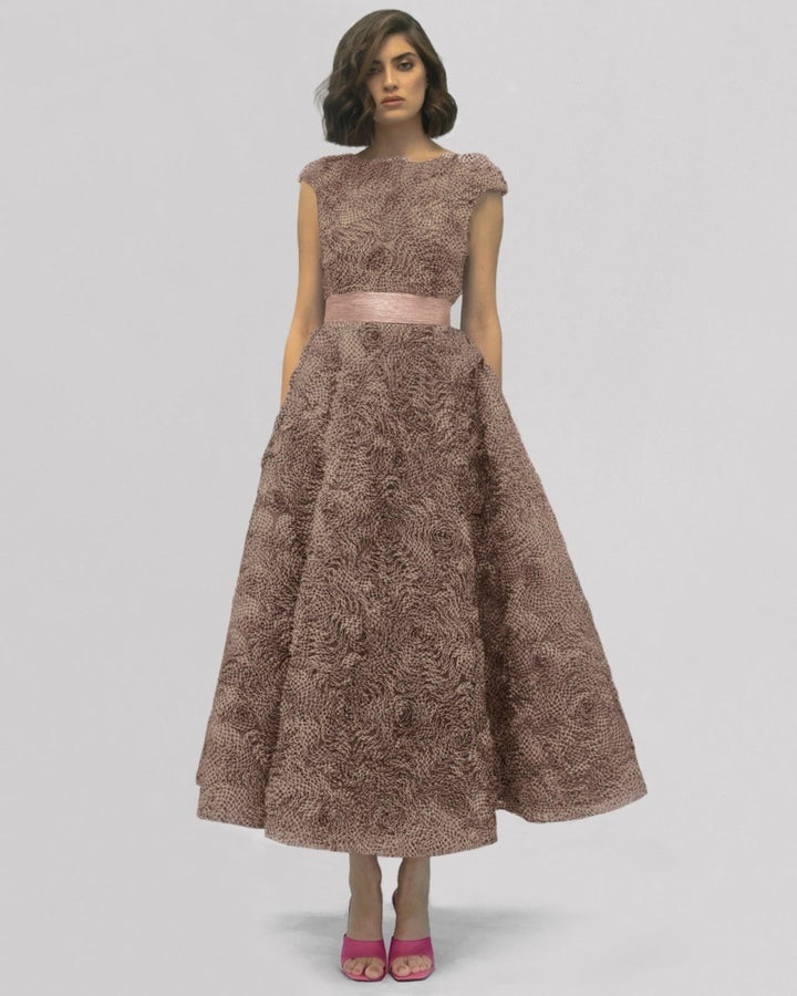 Puffy Shoulders Pink Midi Dress - Gemy Maalouf