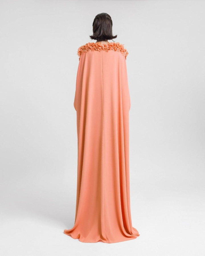 Floral Embellished Neckline Peach Kaftan - Gemy Maalouf