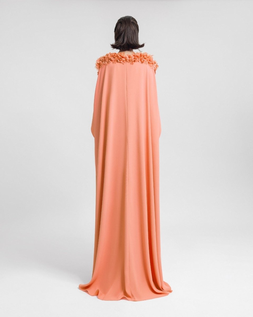 Floral Embellished Neckline Peach Kaftan - Gemy Maalouf