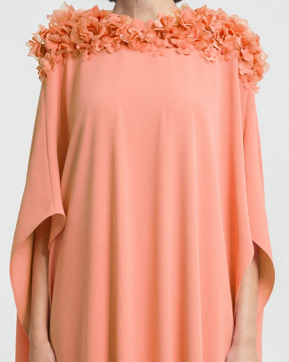 Floral Embellished Neckline Peach Kaftan - Gemy Maalouf