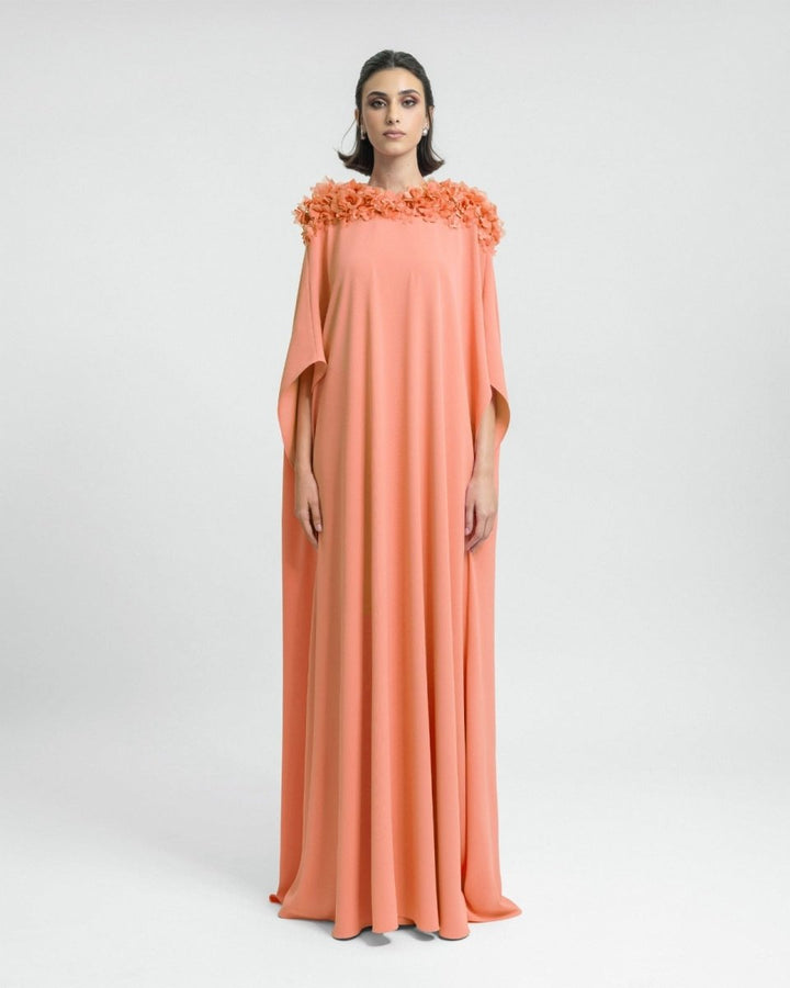Floral Embellished Neckline Peach Kaftan - Gemy Maalouf